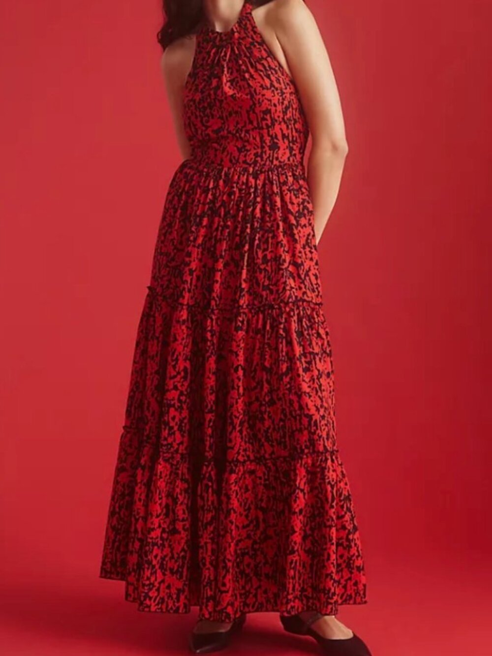Payal Jain black & red tiered halter dress